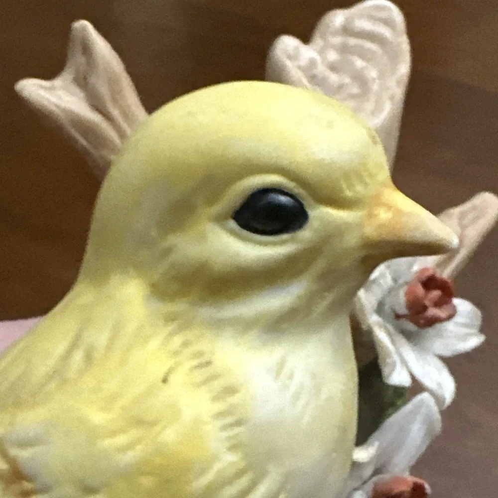 Yellow Bird Canary Finch On Branch W/ Flower Bisque Porcelain Figurine‎ 1980s